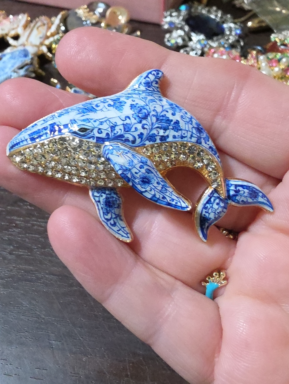 A117- Blue and Gold Whale Brooch - Elegant Floral Enamel and Crystal Pin